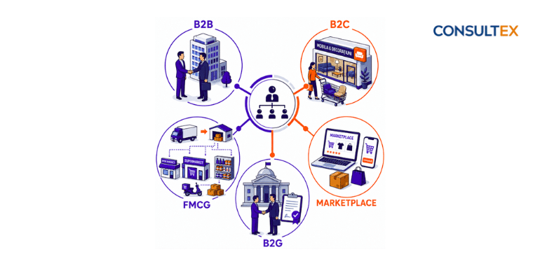 TIPURILE DE ORGANIZARE A VÂNZĂRILOR: DIFERENȚE ÎNTRE B2B, B2C, FMCG, B2G, MARKETPLACE